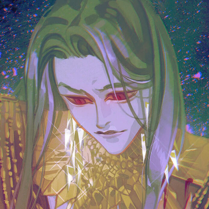 green haired entity with red eyes and sparkling earrings