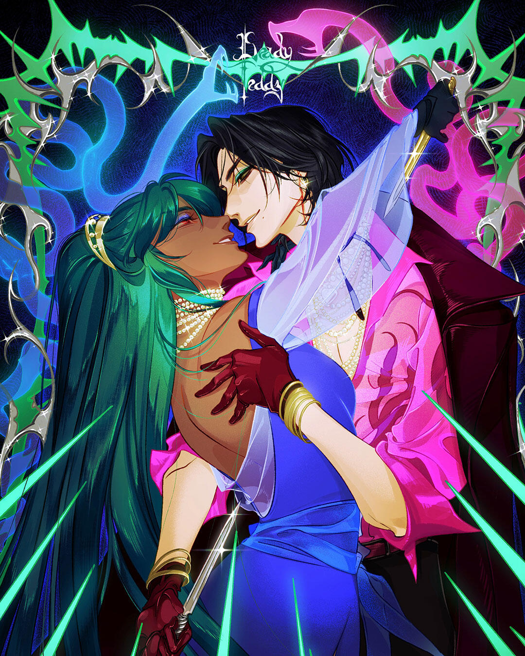 green haired entity with red eyes and sparkling earrings