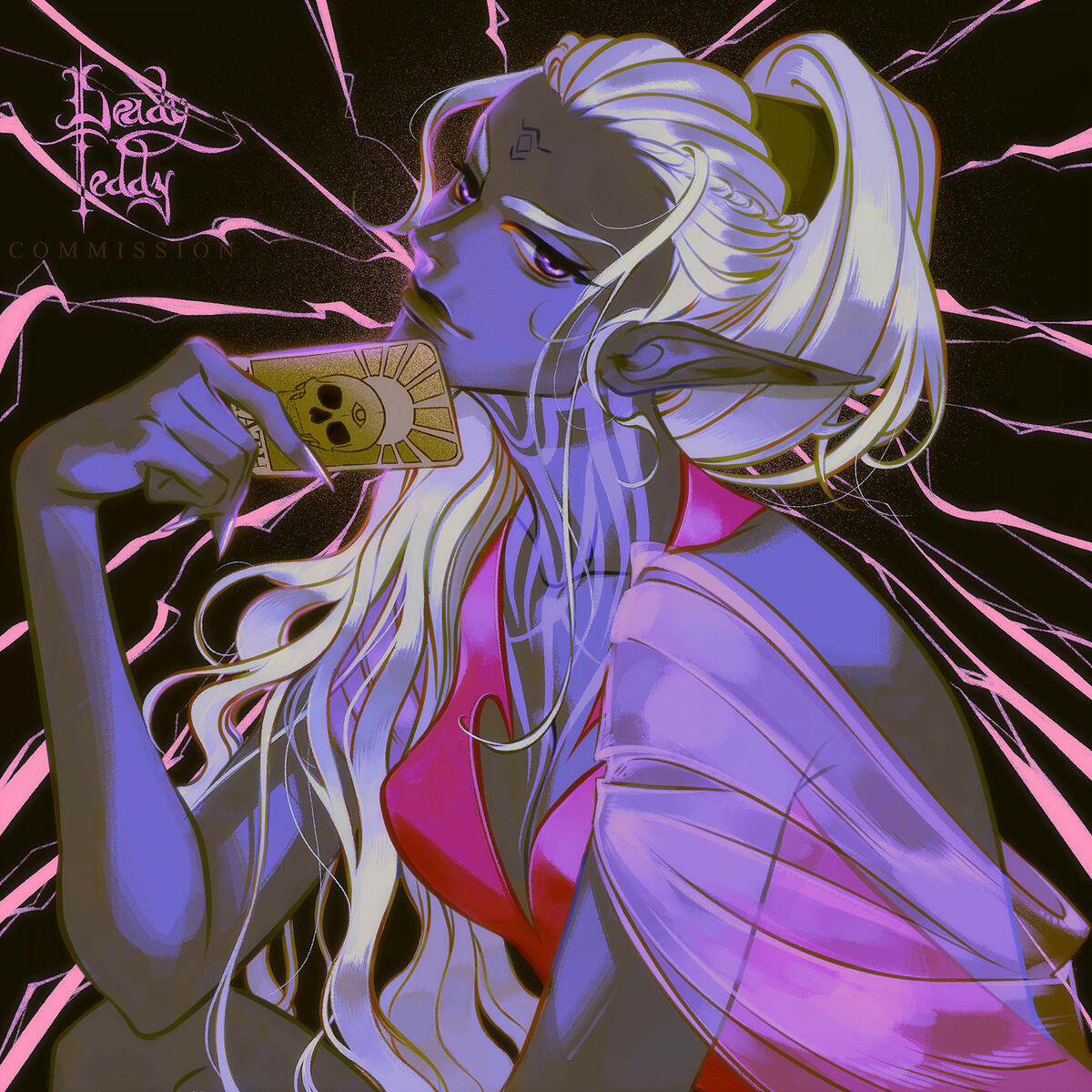 green haired entity with red eyes and sparkling earrings