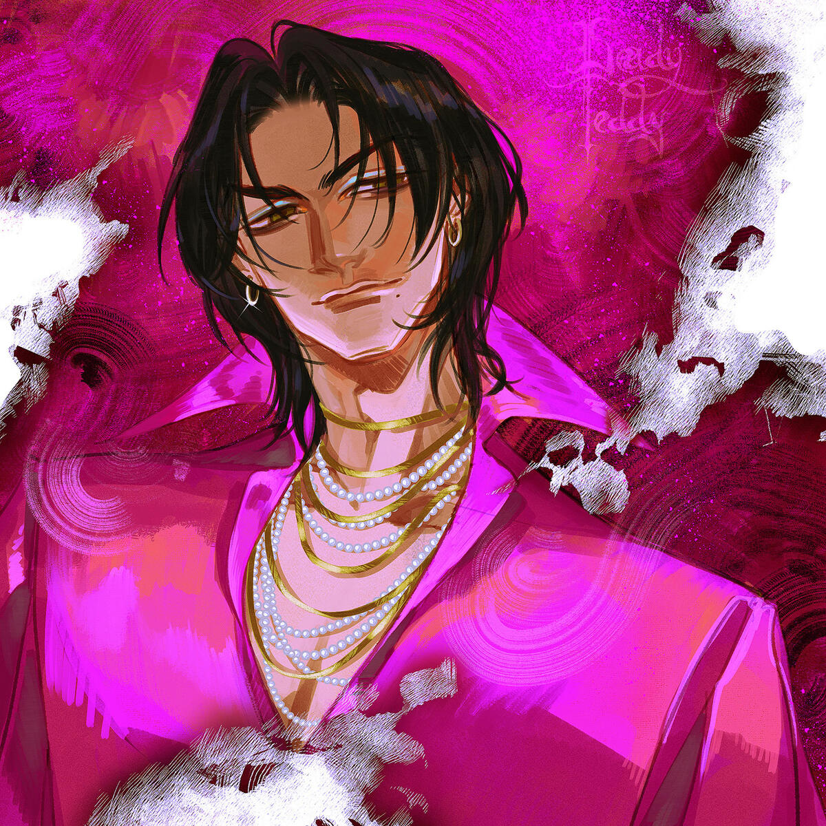 green haired entity with red eyes and sparkling earrings