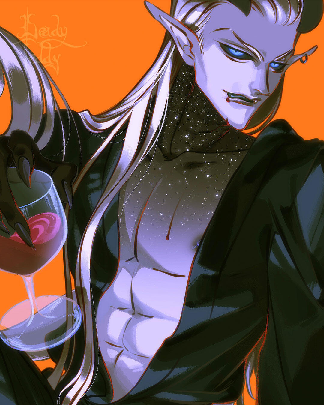 green haired entity with red eyes and sparkling earrings