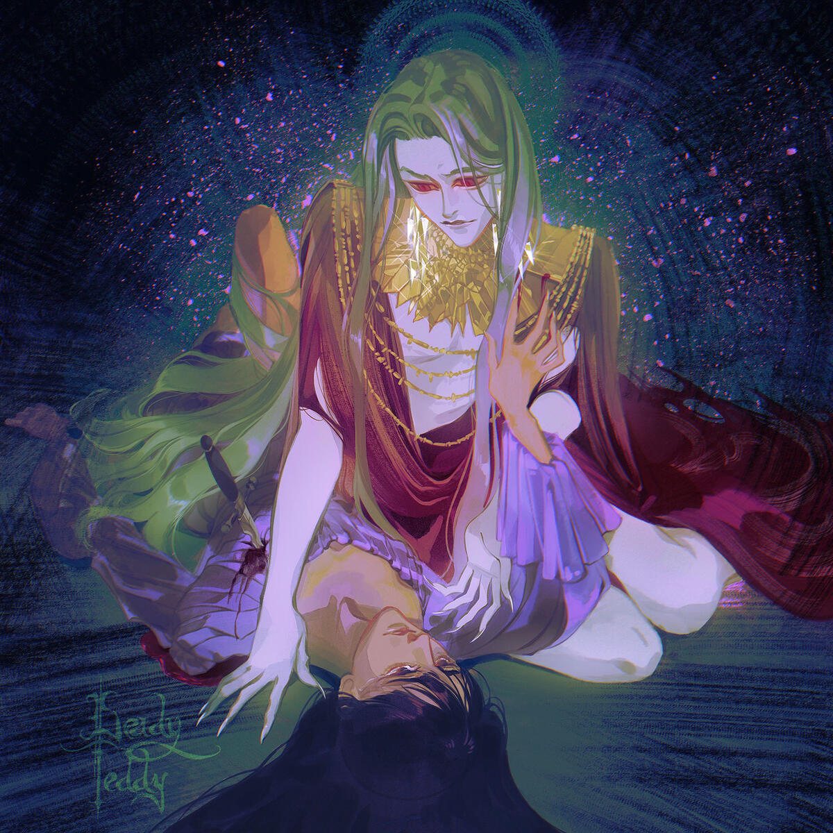 green haired entity with red eyes and sparkling earrings